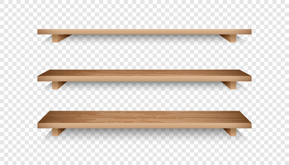 Set of 3d empty wooden shelves. Realistic bookshelves with wood texture for online store advertising. Grocery racks vector illustration © Lifeking