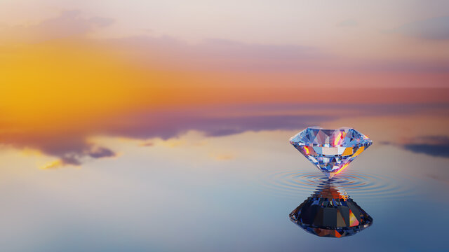 Luxury Shinning Diamond Balanced on Rippled Water Surface with Reflected Sky Background, Diamond Wallpaper,