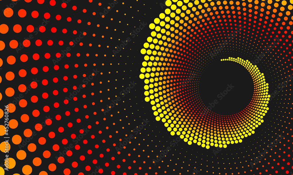Poster abstract circular dotted geometric background. red and yellow gradient circle element on black backg