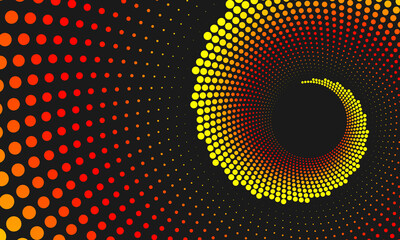 Abstract circular dotted geometric background. Red and yellow gradient circle element on black background. Vector illustration EPS 10