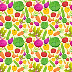 Vegetables seamless pattern.  The vegetables are in random order.  Cartoon vector style.  Beets, onions, cabbage, eggplant, peppers, cucumbers, carrots, tomatoes.