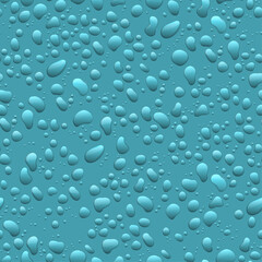 Water drops on blue background. Condensation of realistic pure rain droplets. Seamless pattern