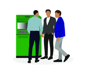 Three male characters in business clothes stand near an ATM on a white background