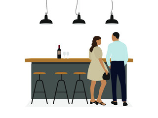 Male character and female character in elegant clothes at the bar