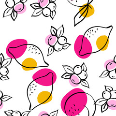 Blue and Orange Lemon Vector White Seamless