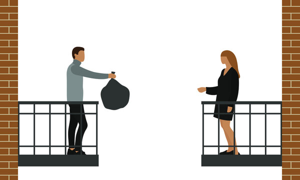 A male character throws a trash bag off the balcony and a female character reprimands him
