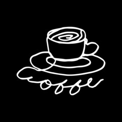 coffee logo illustration in outline style. simple line drawing of a modern element. minimal hand drawn sketch of white lines on a black background.