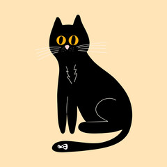 Vector illustration for Halloween, a black cat with yellow eyes and a skull on its tail in a flat style. Illustration for postcards, posters, T-shirt prints, holiday decor