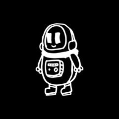 cute robot illustration in outline style. simple line drawing of a modern object. minimal hand drawn sketch of white lines on a black background.