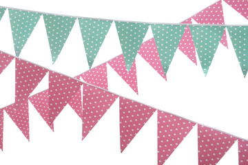 Obraz premium Rows of triangular bunting flags on white background. Festive decor