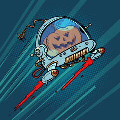 Halloween pumpkin in space, an autumn holiday. The Terrible Astronaut