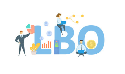 LBO, Leveraged Buyout. Concept with keyword, people and icons. Flat vector illustration. Isolated on white.