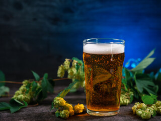 A glass of craft beer, dry hopped light beer, green cones wild hops