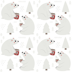 Cute christmas winter vector seamless pattern with Polar Bear, Christmas trees, decorative elements,new year illustration