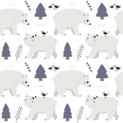 Cute Christmas vector winter seamless pattern with Polar Bear, Christmas trees, decorative elements, new year illustration