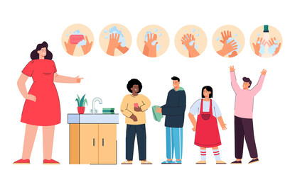 Female cartoon teacher teaching kids hand washing steps. Kids washing hands with soap in school bathroom flat vector illustration. Education, hygiene concept for banner, website design or landing page