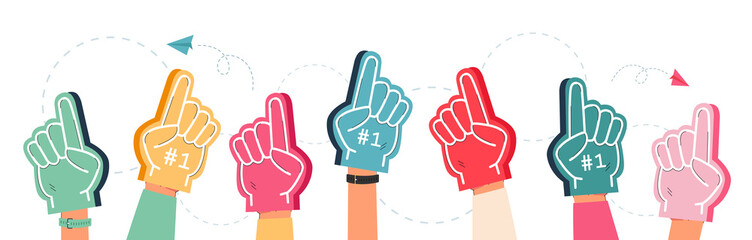 Hands of support team in foam fingers. Group of fans cheering for soccer, football or baseball team flat vector illustration. Sports, competition concept for banner, website design or landing web page