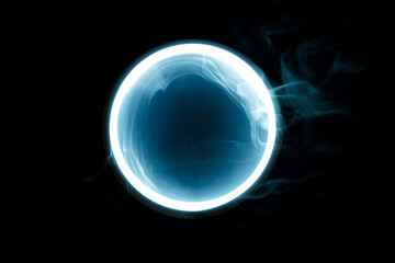 Futuristic smoke. Neon blue color geometric circle on a dark background. Round mystical portal. Mockup for your logo.