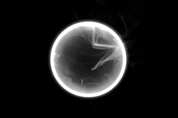 Futuristic smoke. Neon geometric circle on a dark background. Round mystical portal. Mockup for your logo.