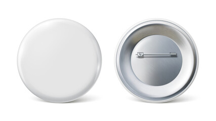 Pin badge mockup. White round badge on metal pin realictic vector illustration - obrazy, fototapety, plakaty