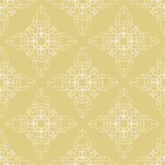 Geometric floral vector seamless pattern with white lace on gold-yellow background. Art Deco organic line texture shapes for wallpaper, home decor and fashion fabrics.