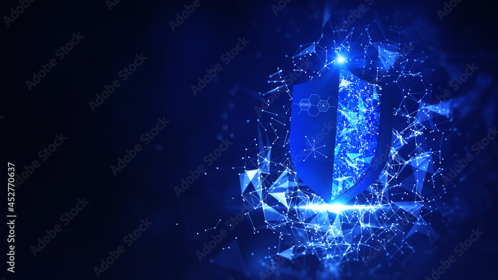 Poster internet security technology and crime prevention the shield protects the connection of blue polygon