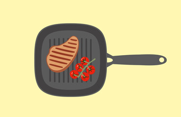 Cooking grill roast fry meat steak with vegetables in non stick grill pan on kitchen. Close up top view. Kitchen utensils. Food. Meal. Eating.Dinner. Grill tomatoes. Flat vector illustration. Isolated