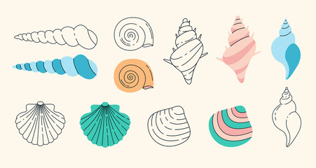 Seashells simple elements collection. Oceanic marines flat isolated set. Different aquatic snails in trendy flat design.	
