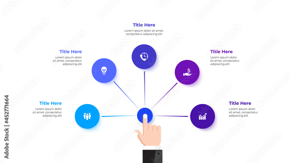 Poster businessman hand presses a button. concept of six options of business project management. vector ill