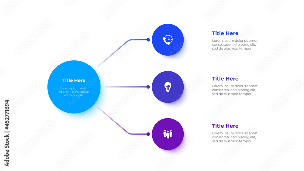 Poster Flow chart diagram with circle elements. Concept of business project hierarchy visualization with 3 options. Infographic design template