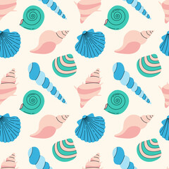 Aquatic aesthetic seamless pattern vector illustration. Seashells and underwater wildlife texture design. Beach background. Summer wrapping.