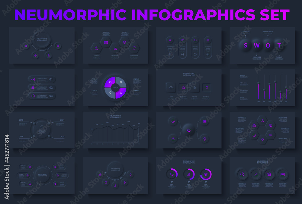 Poster set of dark neumorphic infographic slides. business data visualization for presentation. unique neum