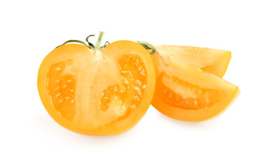 Fototapeta na wymiar Cut ripe yellow tomato on white background