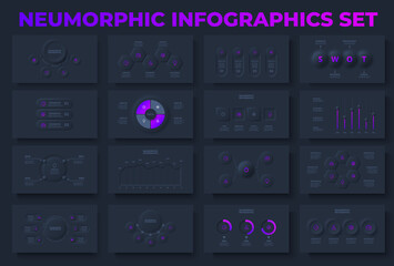 Set of dark neumorphic infographic slides. Business data visualization for presentation. Unique neumorphism ui ux design kit