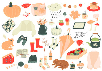 Fall items. Cozy home objects for autumn season. Vector set of hand drawn elements of clothes, umbrella, pets, clouds, leaves, gumboots, teapot and mugs, pillow, plaid and pumpkin.