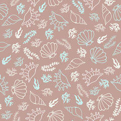 Seamless marine-themed pattern with shells, ships, marine life.