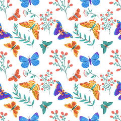 Colorful butterflies seamless pattern vector illustration set. Meadow insects texture design. Romantic monarch background. Tropical exotic wildlife wrapping.
