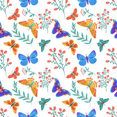 Colorful butterflies seamless pattern vector illustration set. Meadow insects texture design. Romantic monarch background. Tropical exotic wildlife wrapping.