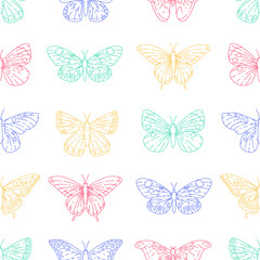 Colorful butterflies seamless pattern vector illustration set. Meadow insects texture design. Romantic monarch background. Tropical exotic wildlife wrapping.
