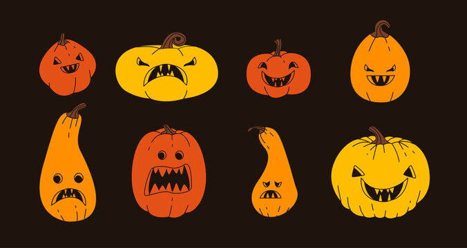 Halloween pumpkins simple elements collection. Squashes with spooky eyes flat isolated set. Different gourds lanterns in trendy flat design.