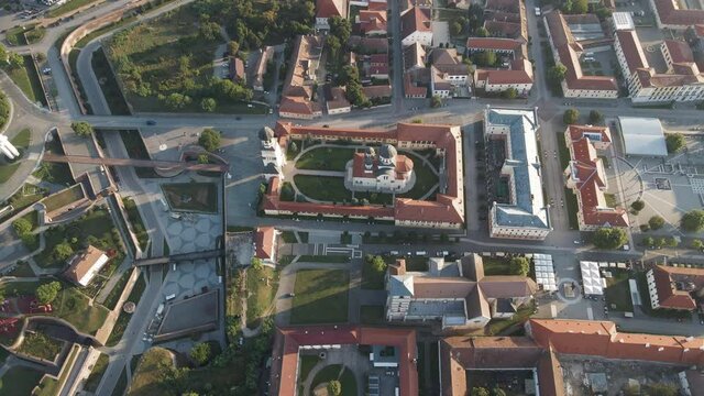Overhead shot of Alba Iulia Fortress - St Michael- and Reunification Cathedrals; Romania