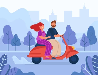Foto op Plexiglas Happy cartoon couple riding motorbike. Flat vector illustration. Young man and woman characters travelling by moped in city park, enjoying summer holiday together. Vehicle, romance, trip concept © PCH.Vector