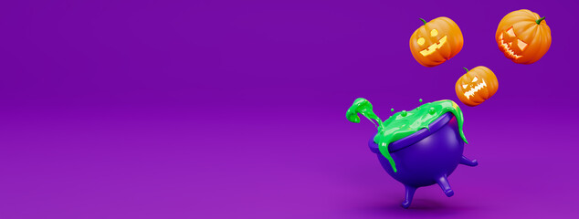 Happy Halloween banner in a modern 3d style, copy space. Flying pumpkins for Halloween and a witch's cauldron on a purple background. Banner for advertising. 3d rendering illustration.