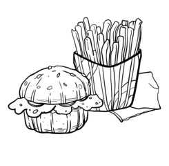illustration of fast food, fries and burger. coloring book for children. black line. doodle vector