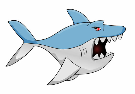 catoon angry blue shark with red eye