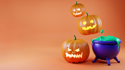 Banner for Halloween, 3d rendering. Happy background with pumpkins and a witch's cauldron with green bubbling liquid. Modern 3d banner with a pumpkin Jack and a witch's cauldron.