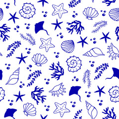 Seamless marine-themed pattern with shells, ships, marine life.
