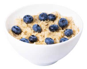 bowl of oatmeal with blueberries isolated on white background