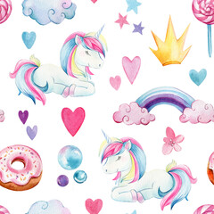 Baby background with unicorn, watercolor drawing. Seamless pattern