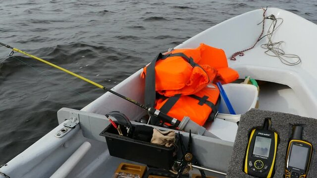 St. Petersburg, Russia, August 15, 2021
fishing boat, trolling fishing in the sea in the first person view
